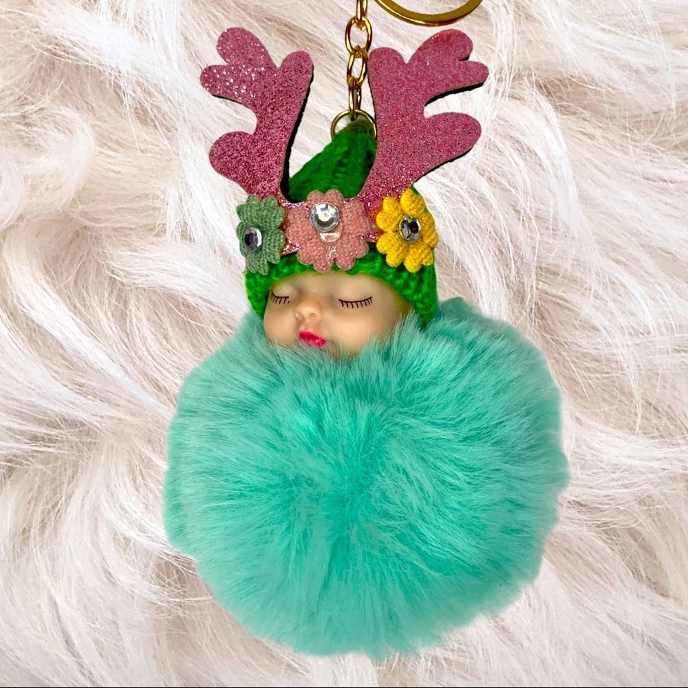 SLEEPY BABY  BIG‎ POMPON IN AQUA GREEN  CHARM KEYCHAIN